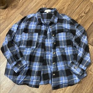 Stylish Women's Blue and Black Plaid Button Down Shirt
